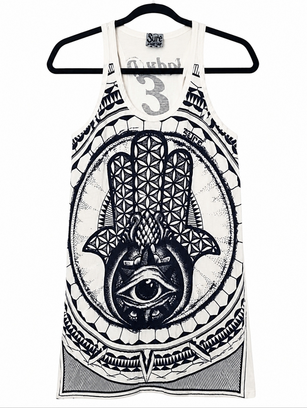 Sure Hamsa Hand Graphic Tank Top White Black Boho Festival Size M Cotton